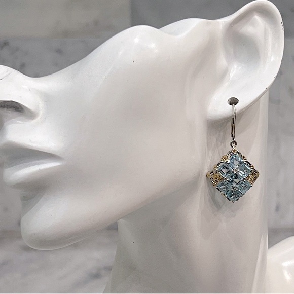 Sky Blue Topaz 14K YG Asscher Cut Sterling Silver Lever Back Earrings - Picture 2 of 14